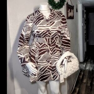 New! Cotton Ashley Stewart Brown Print Trench Jacket And Puffy purse